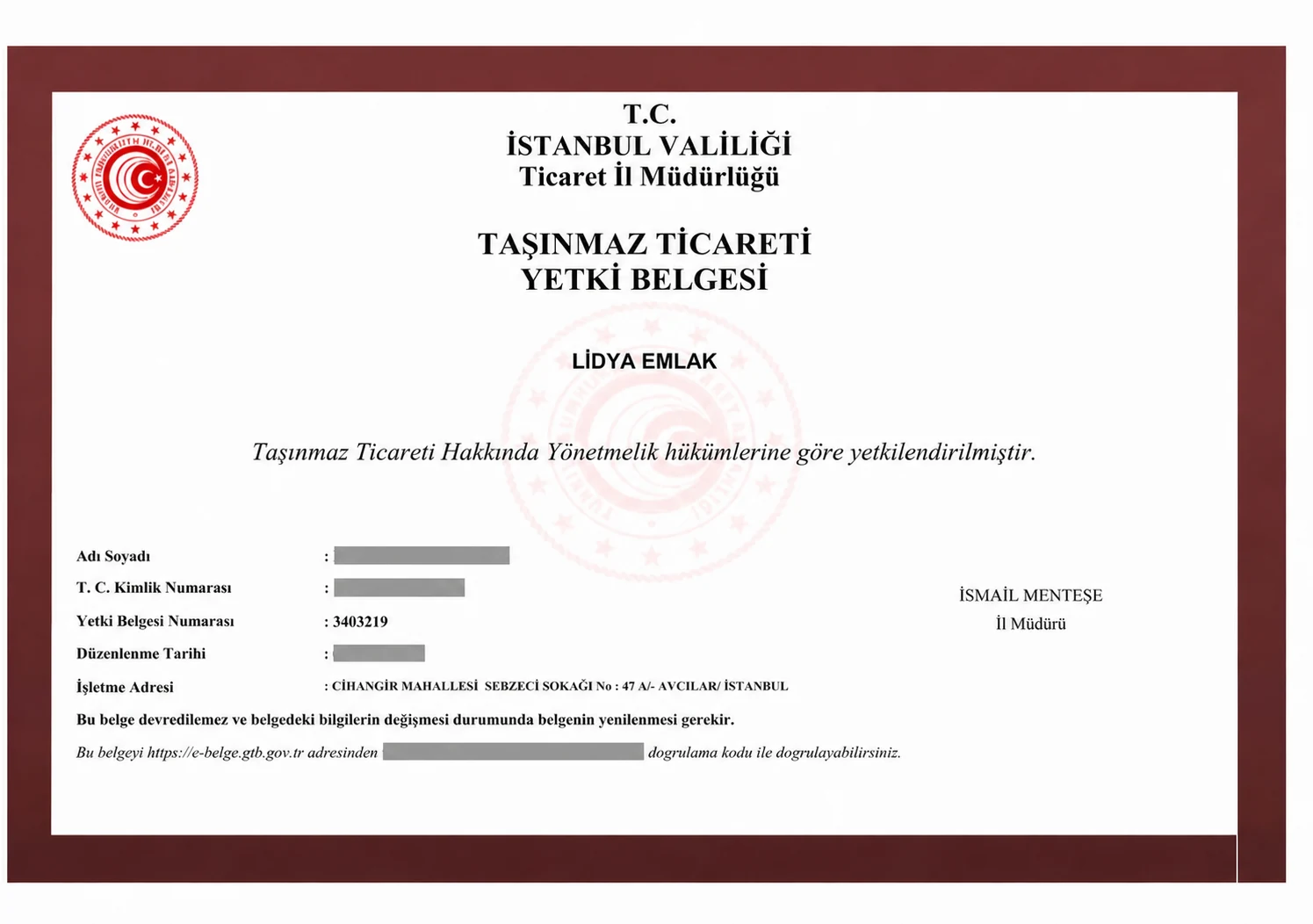 Taşınmaz Ticareti Yetki Belgesi 3403219; kişisel bilgiler maskelenmiştir